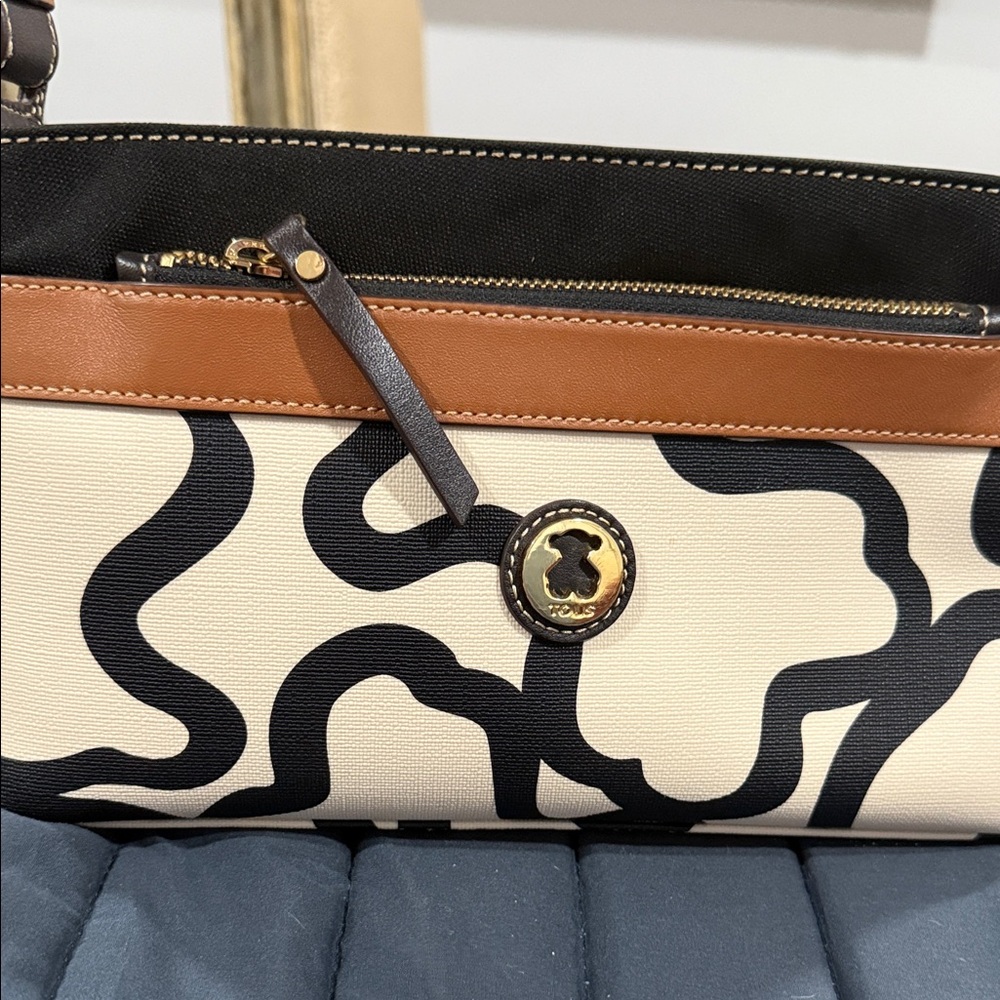 Tous Black and Cream Clutch with Brown Accents